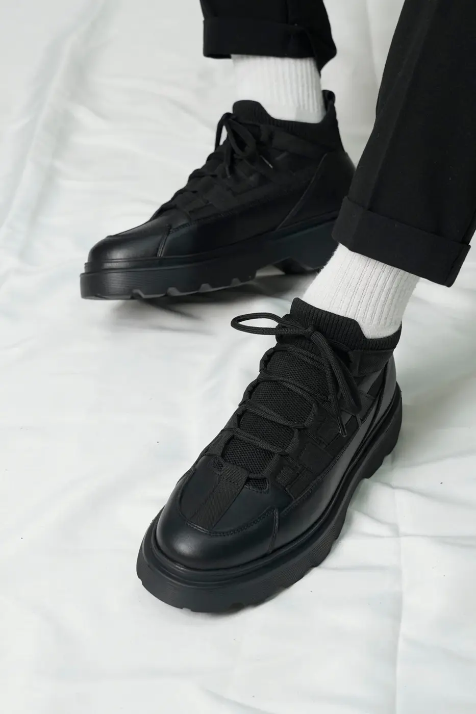 Black Leather LaceUp Sneakers — photograph 3