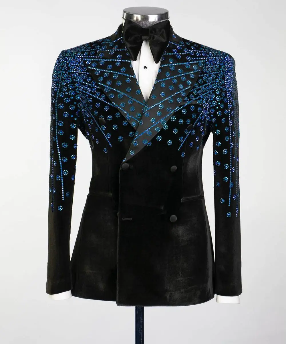 Black Velvet Tuxedo, Blue Rhinestone, Double-Breasted — photograph 1