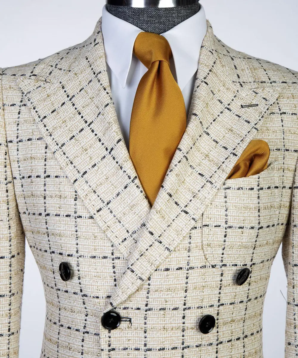 Cream Check Design Men’s Long Coat — photograph 4
