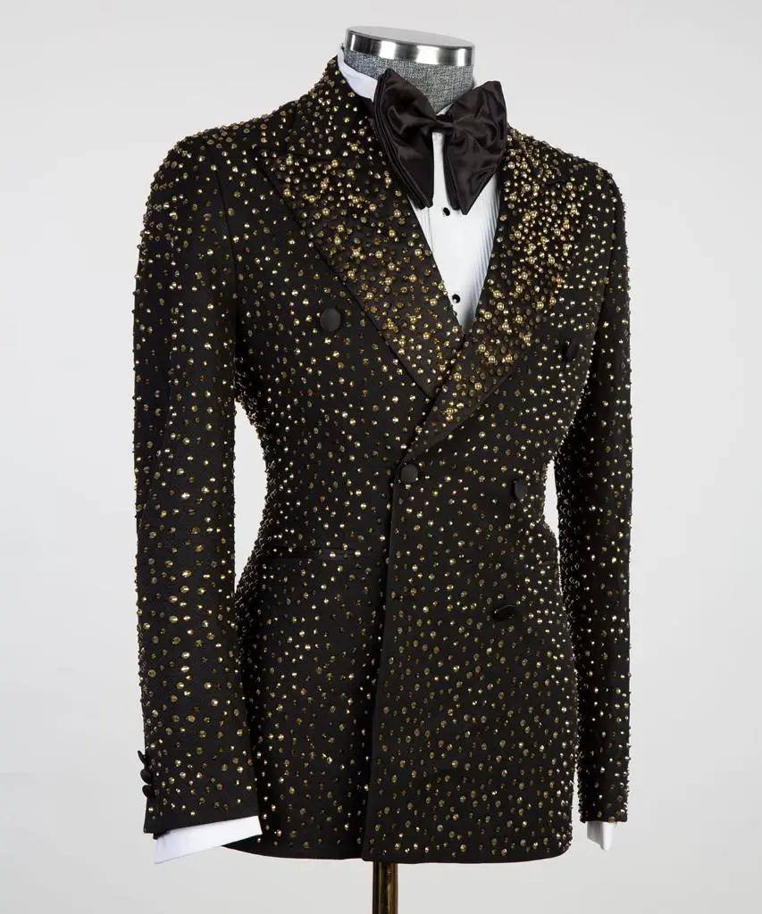 Men's 2 Piece Double Breasted Black Tuxedo Golden Stoned — photograph 2