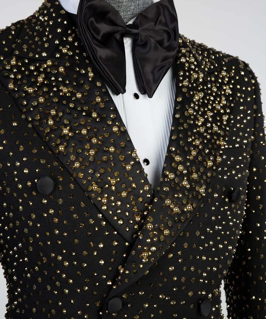 Men's 2 Piece Double Breasted Black Tuxedo Golden Stoned — photograph 3
