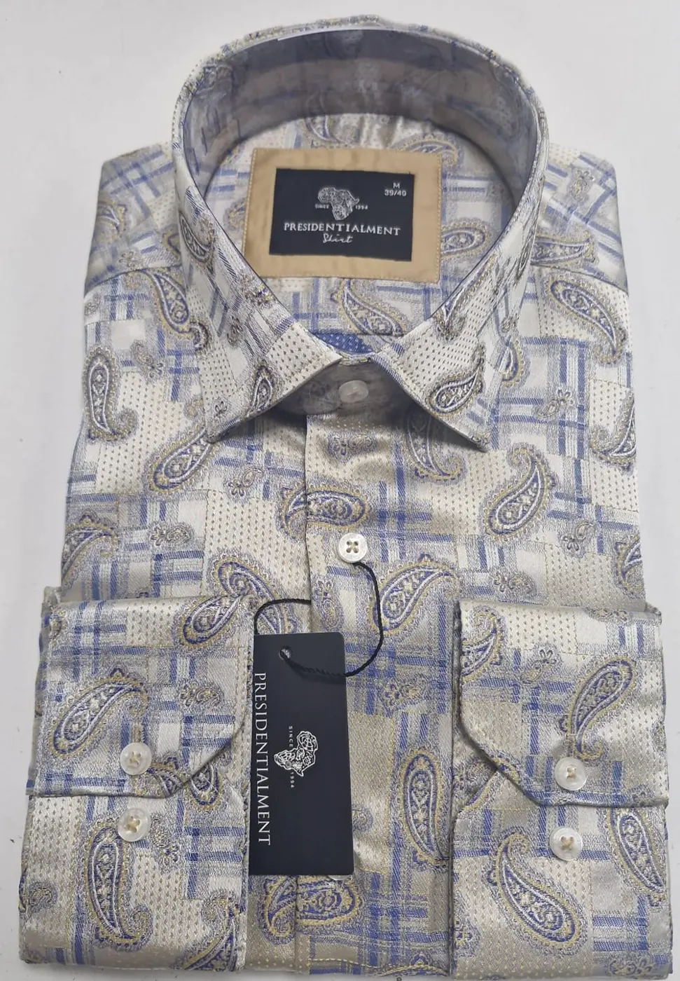 Men’s Patterned Dress Shirt Beige-Blue — photograph 2