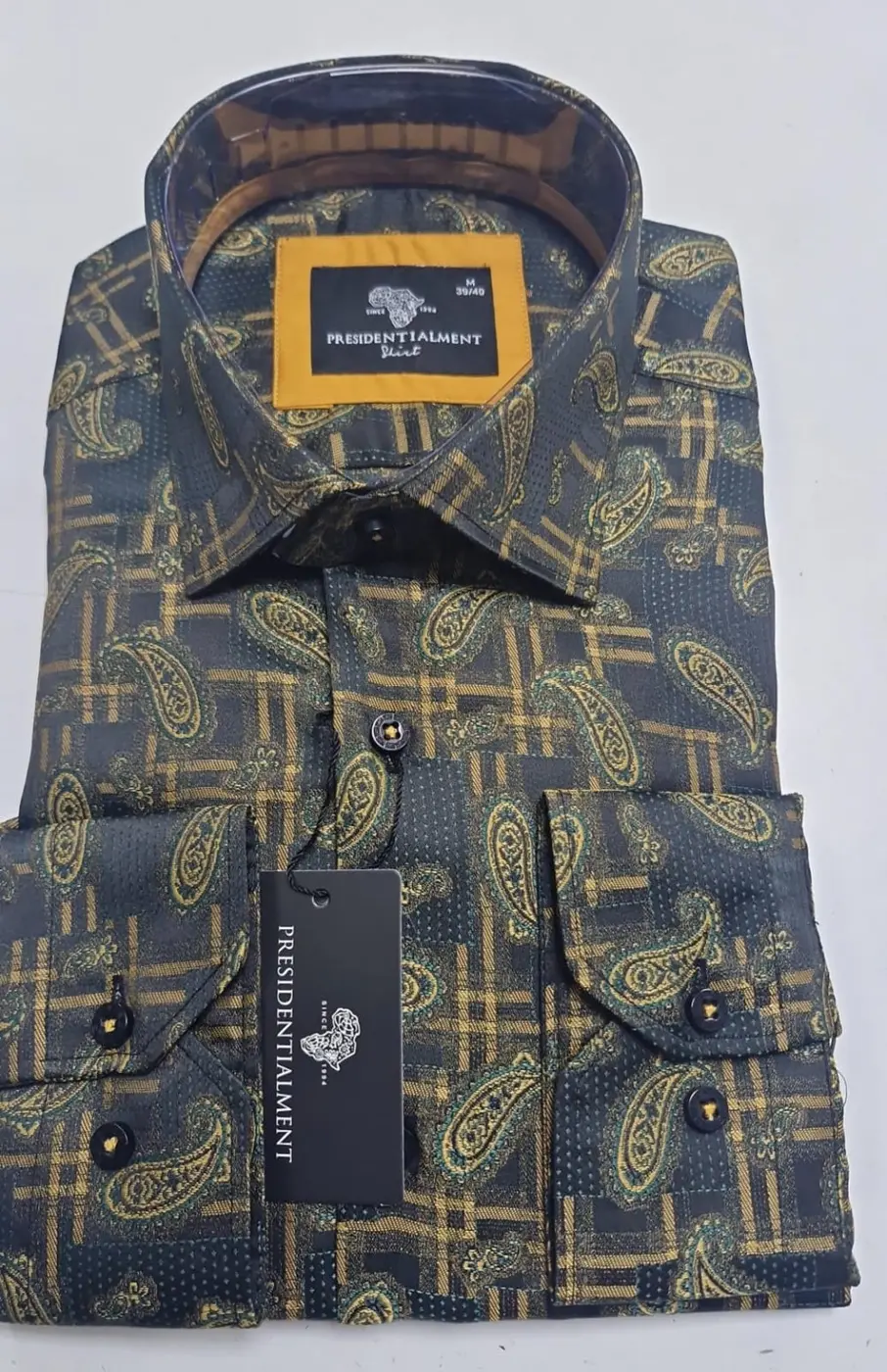 Men’s Patterned Dress Shirt Navy-Gold — photograph 2