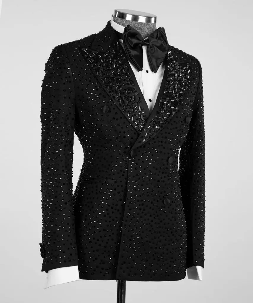 Men's 2 Piece Double Breasted Black Tuxedo, Suit,Stoned — photograph 3