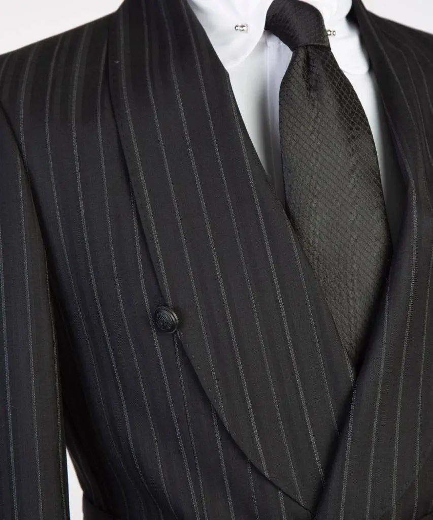 Men's 2 Piece Suit, Black/Grey Stripy, Belted Design, Costume — photograph 2