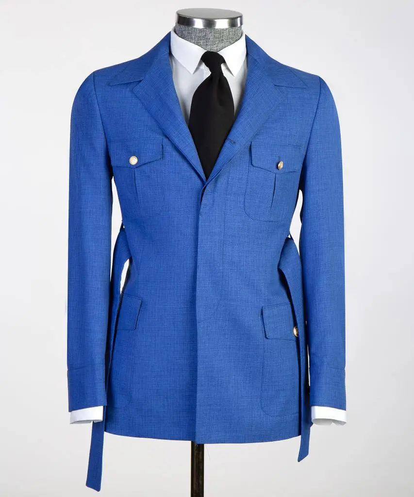 Men's 2 Piece Suit, Blue, Belted Design, Costume, Blazer with Pockets — photograph 1
