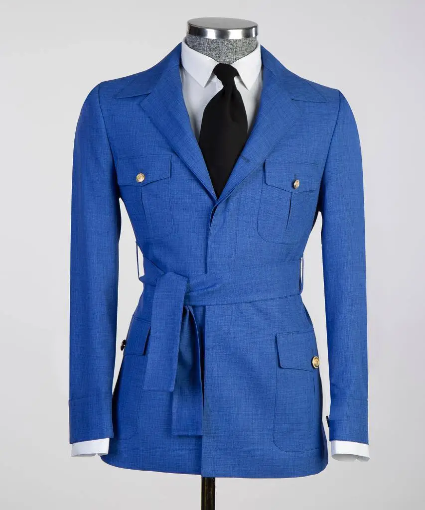 Men's 2 Piece Suit, Blue, Belted Design, Costume, Blazer with Pockets — photograph 2