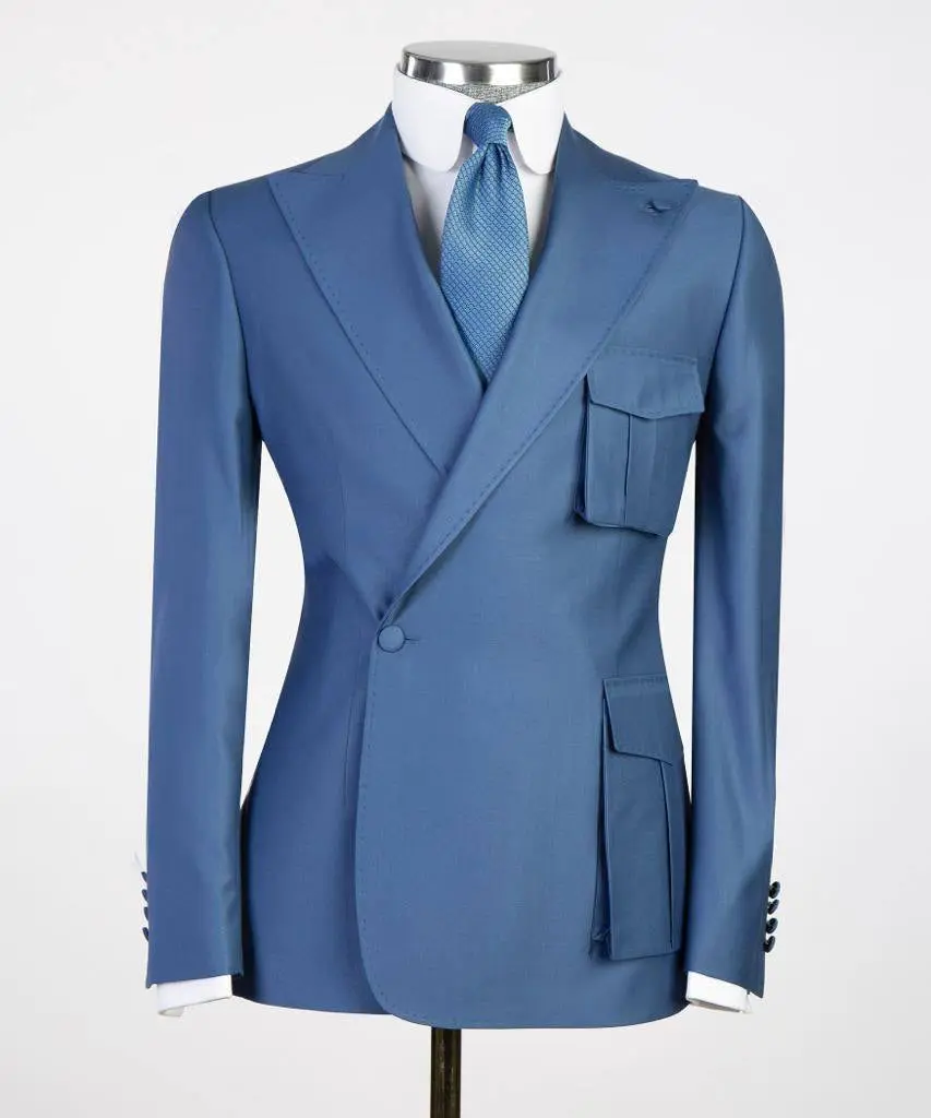 Men's 2 Piece Blue Suit Pocket Detail — photograph 1