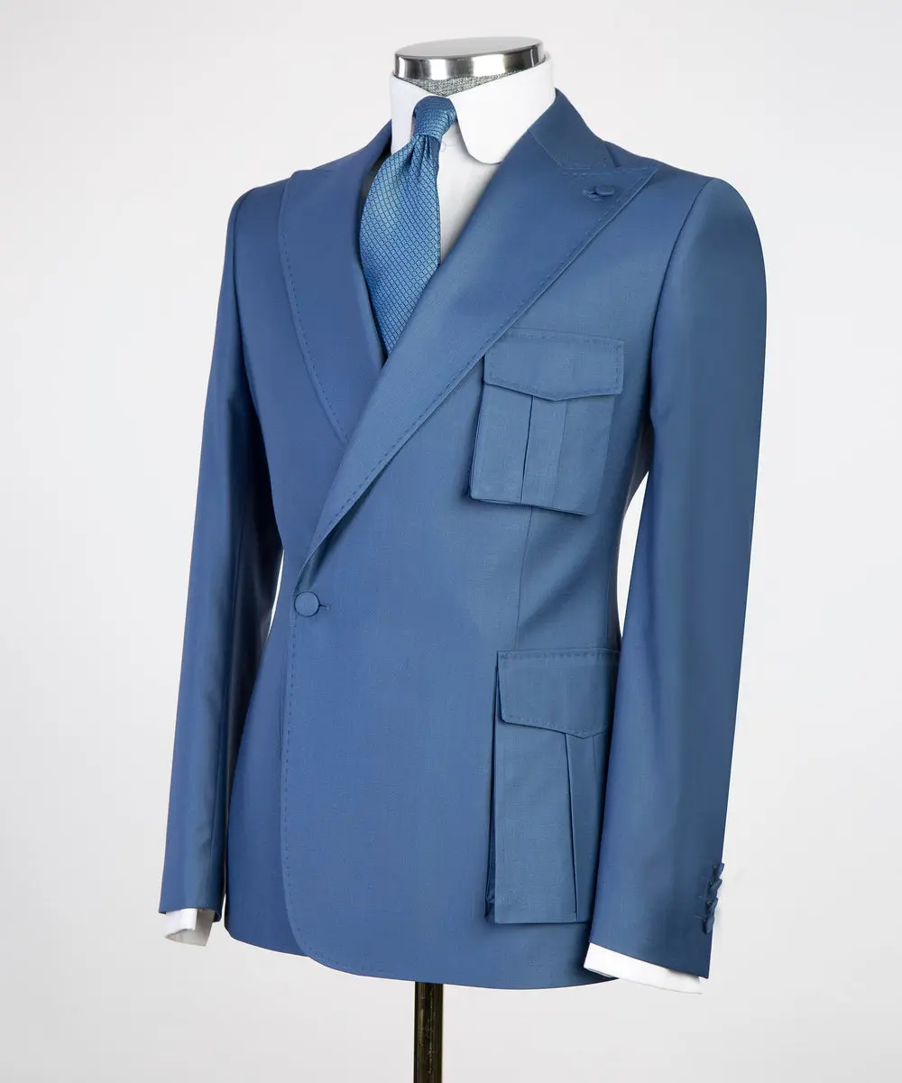 Men's 2 Piece Blue Suit Pocket Detail — photograph 3