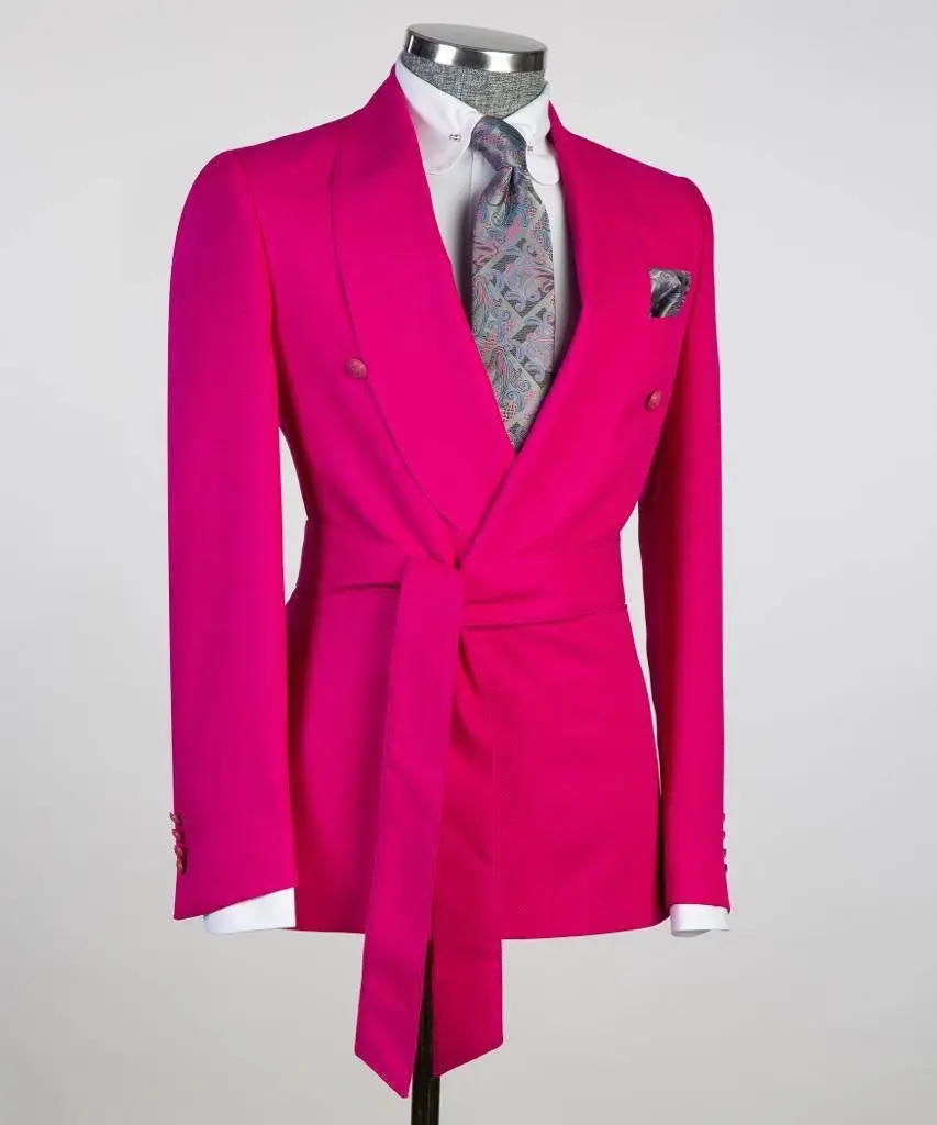 Men's 2 Piece Suit, Bright Pink, Belted Design, Costume — photograph 2