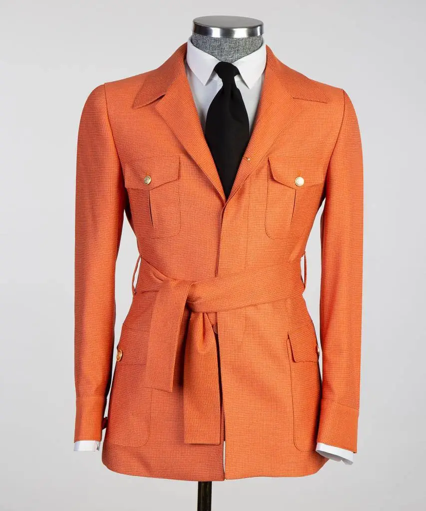 Men's 2 Piece Suit, Orange, Belted Design, Costume, Blazer with Pockets — photograph 3