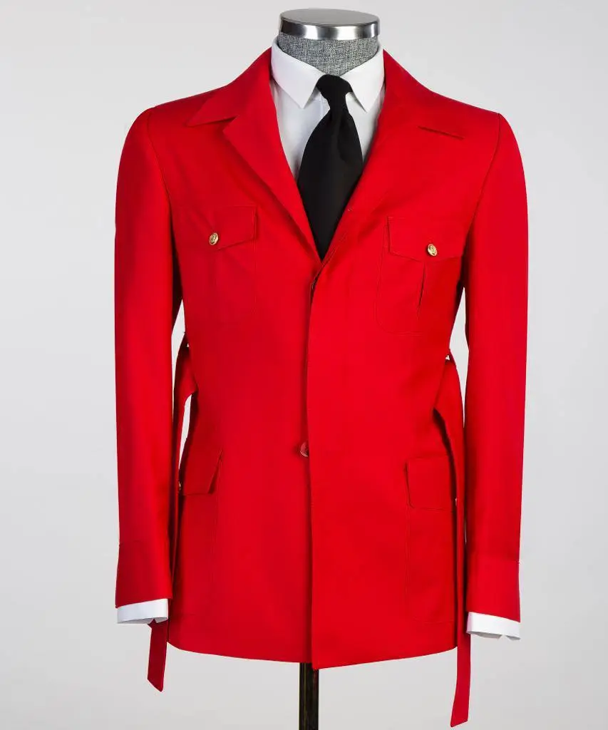 Men's 2 Piece Suit, Red, Belted Design, Costume, Blazer with Pockets — photograph 2