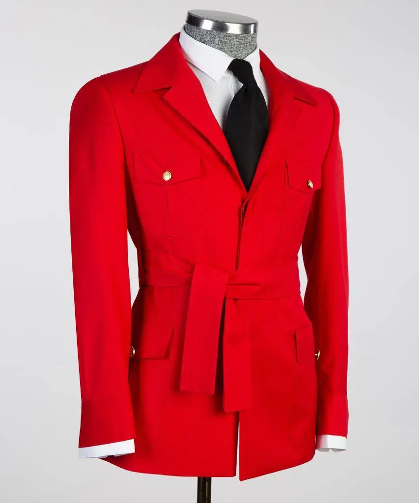 Men's 2 Piece Suit, Red, Belted Design, Costume, Blazer with Pockets — photograph 3