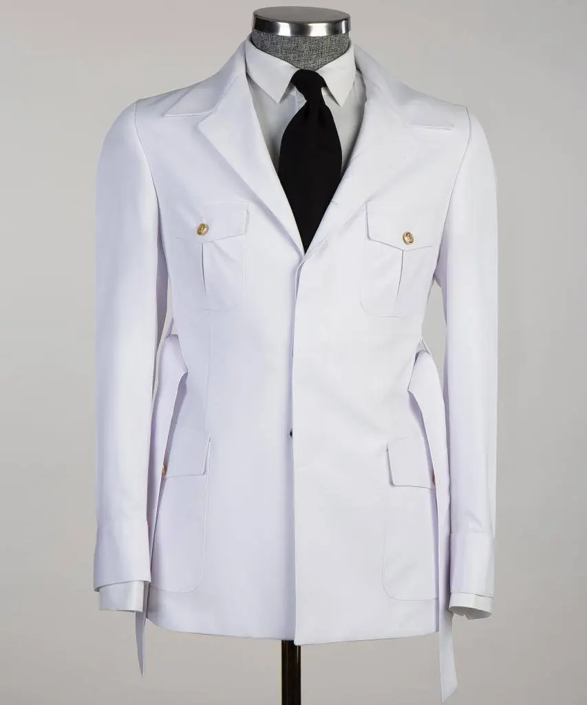 Men's 2 Piece Suit, White, Belted Design, Costume, Blazer with Pockets — photograph 3