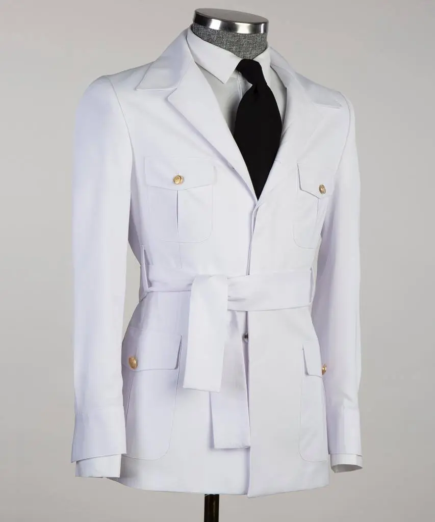 Men's 2 Piece Suit, White, Belted Design, Costume, Blazer with Pockets — photograph 4