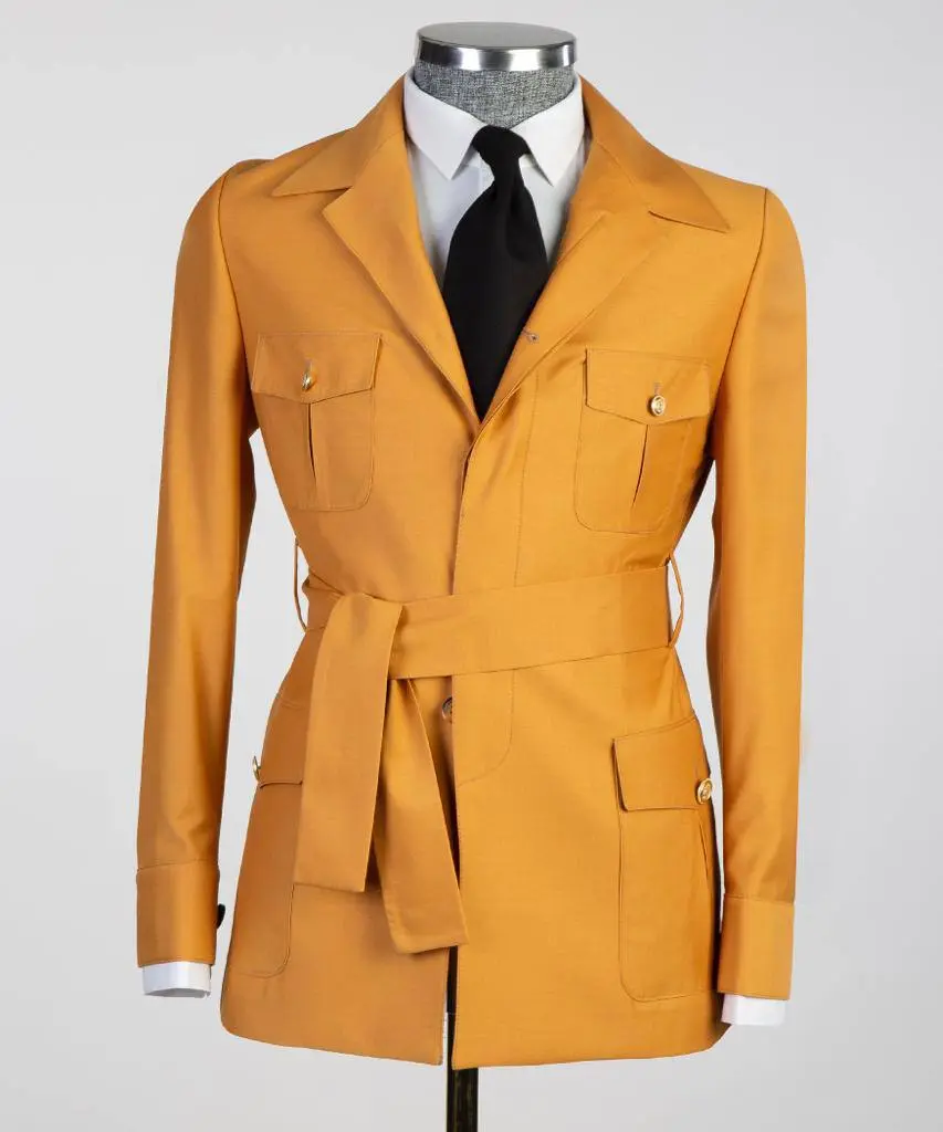 Men's 2 Piece Suit, Yellow, Belted Design, Costume, Blazer with Pockets — photograph 1