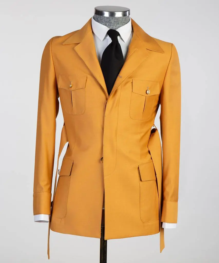 Men's 2 Piece Suit, Yellow, Belted Design, Costume, Blazer with Pockets — photograph 2