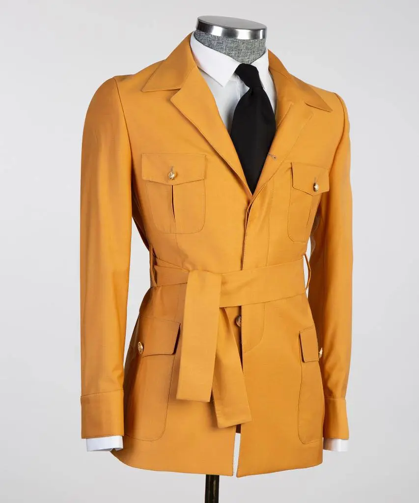 Men's 2 Piece Suit, Yellow, Belted Design, Costume, Blazer with Pockets — photograph 4