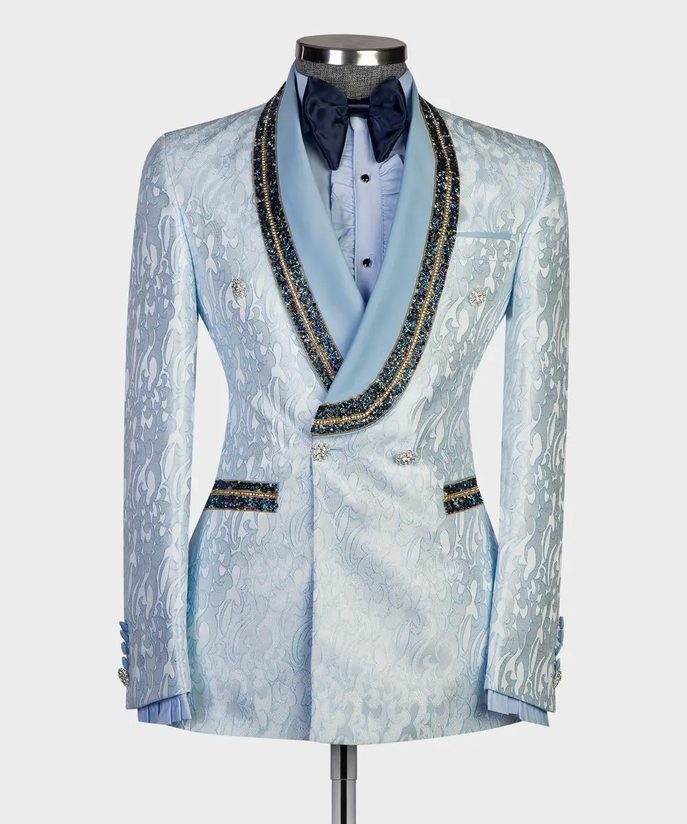 Men's 2 Piece Blue Tuxedo Shiny Jewellery Suit Stoned — photograph 1