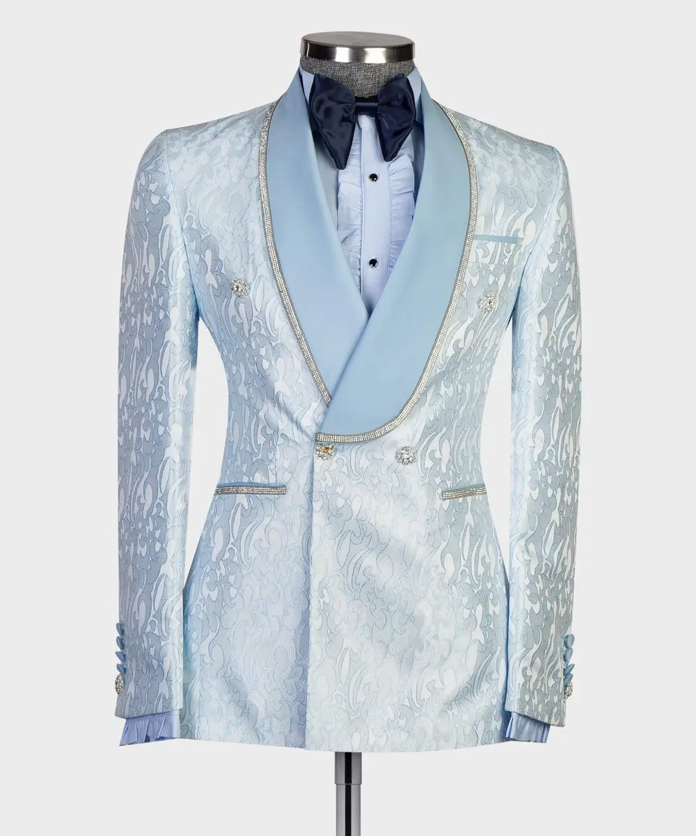 Men's 2 Piece Blue Tuxedo Shiny Suit, Stoned — photograph 1