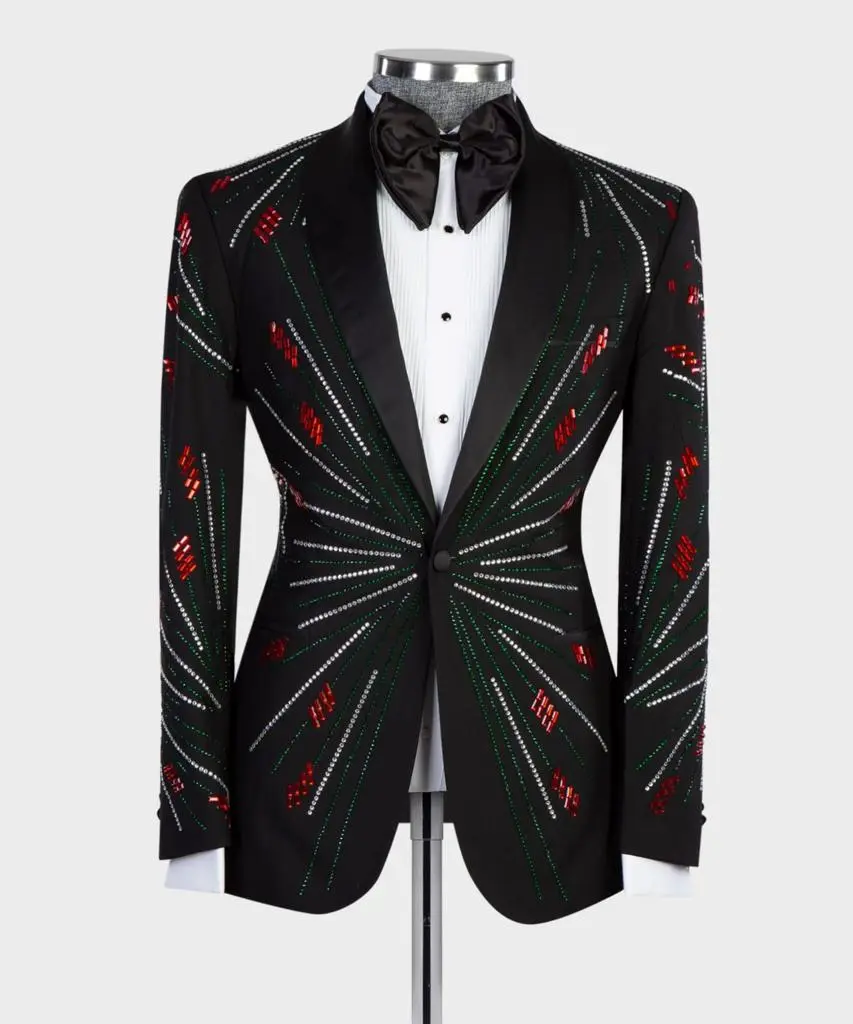 Men's 2 Piece Black Tuxedo, Costume, Silver/Red Stoned — photograph 1