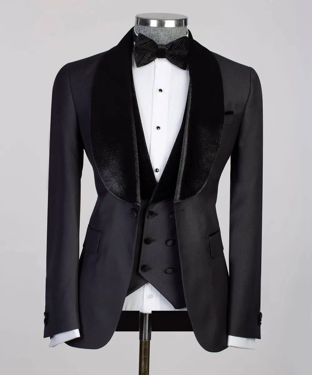 Men's 3 Piece Black Tuxedo Suit, Velvet Collar — photograph 1