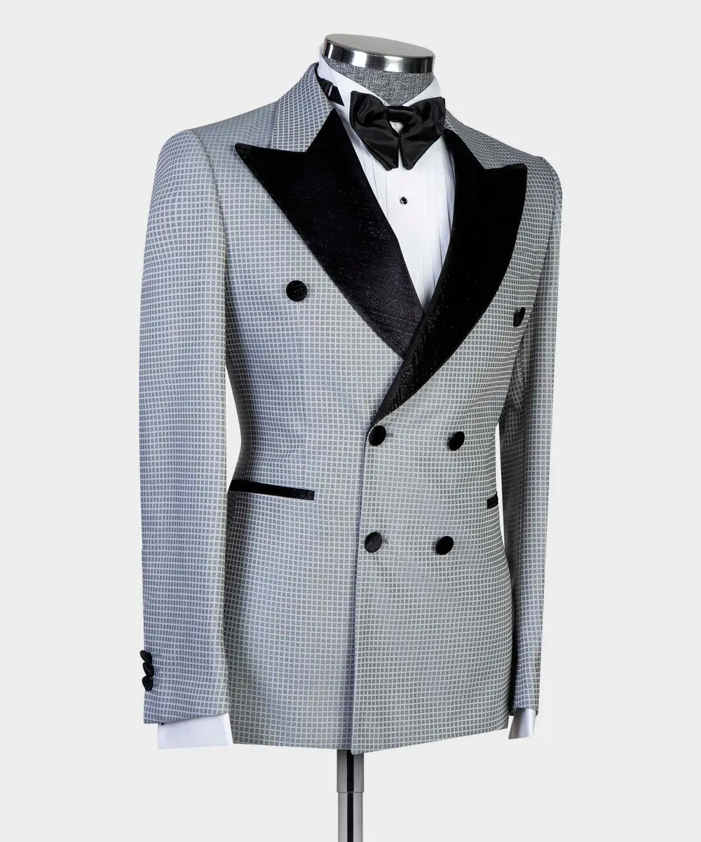 Men's 2 Piece Double Breasted Tuxedo Suit Grey/Black — photograph 2