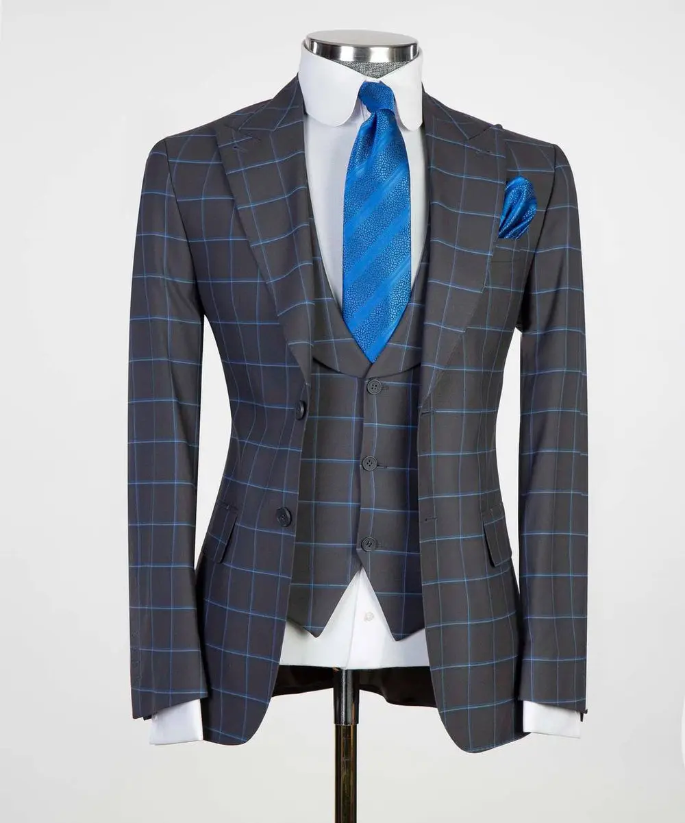 Men's 3 Piece Plaid Single Breasted Grey/Blue Suit — photograph 1