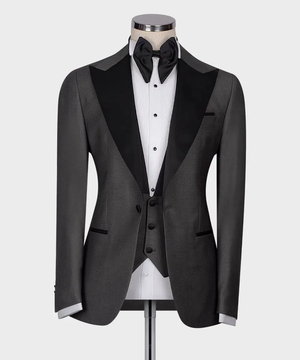 Men's 3 Piece Dark Grey Black Satin Collar Tuxedo — photograph 3