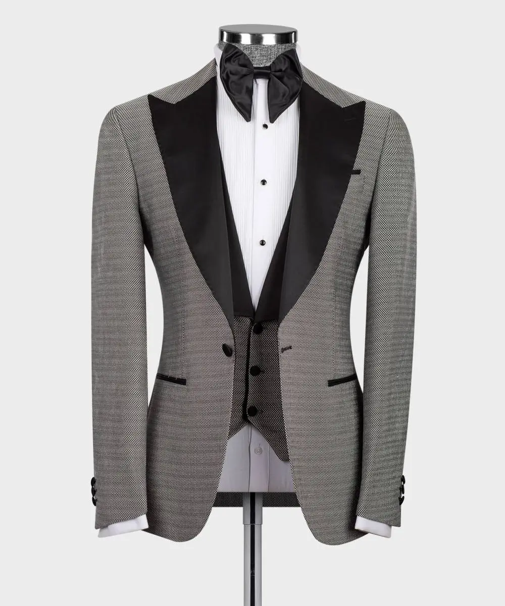 Men's 3 Piece Grey Tuxedo Black Satin Lapel — photograph 3