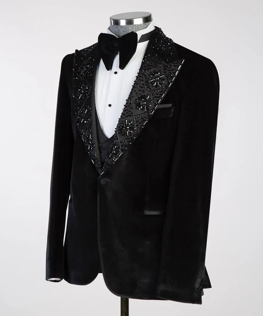 Men's Black Velvet Tuxedo, Gem Stoned on Collar — photograph 3