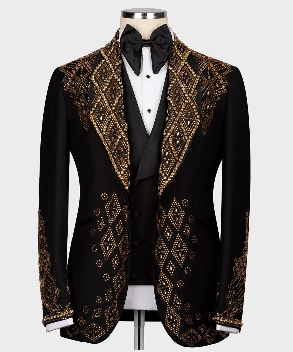Men's Black Tuxedo, Gold Gem Stoned Design — photograph 3