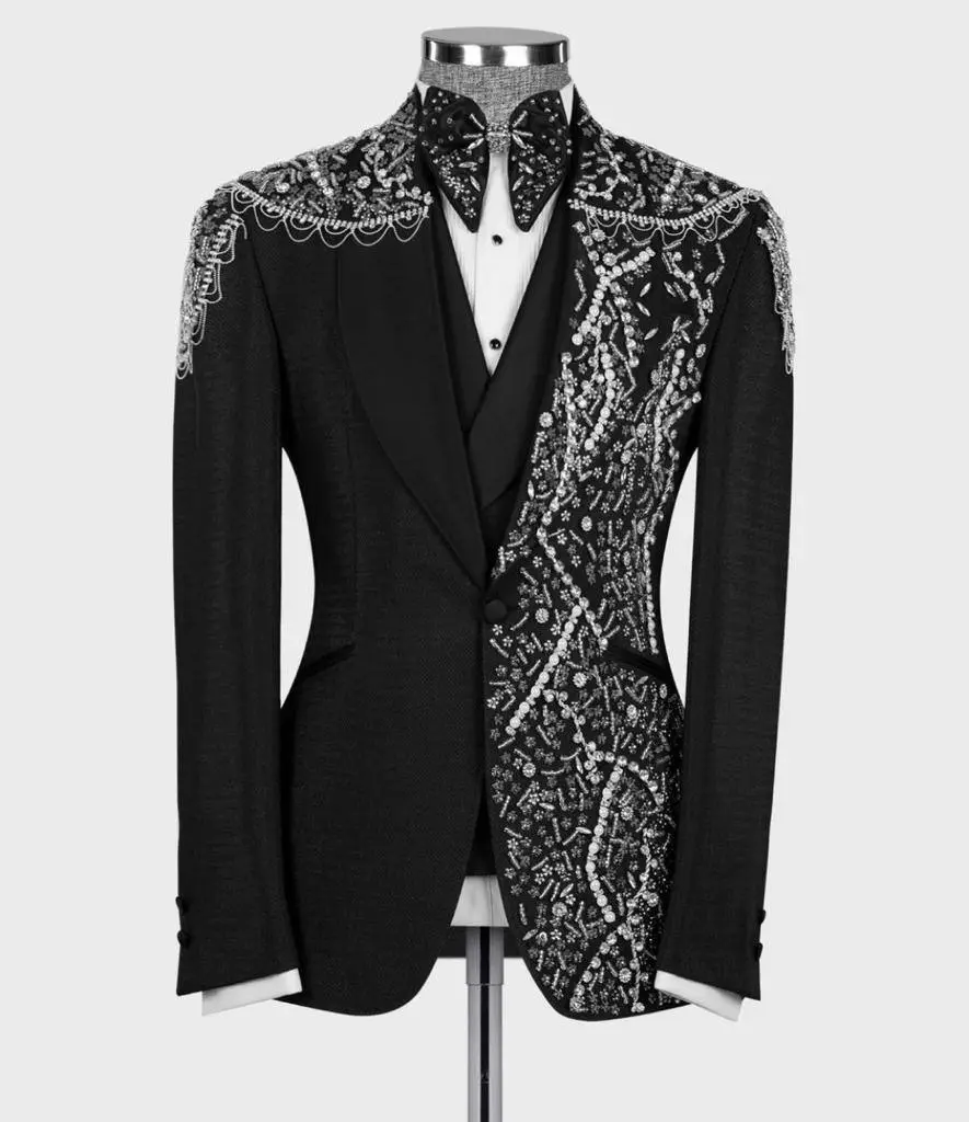 Men's Black Tuxedo, Silver Gem Stoned Design — photograph 1