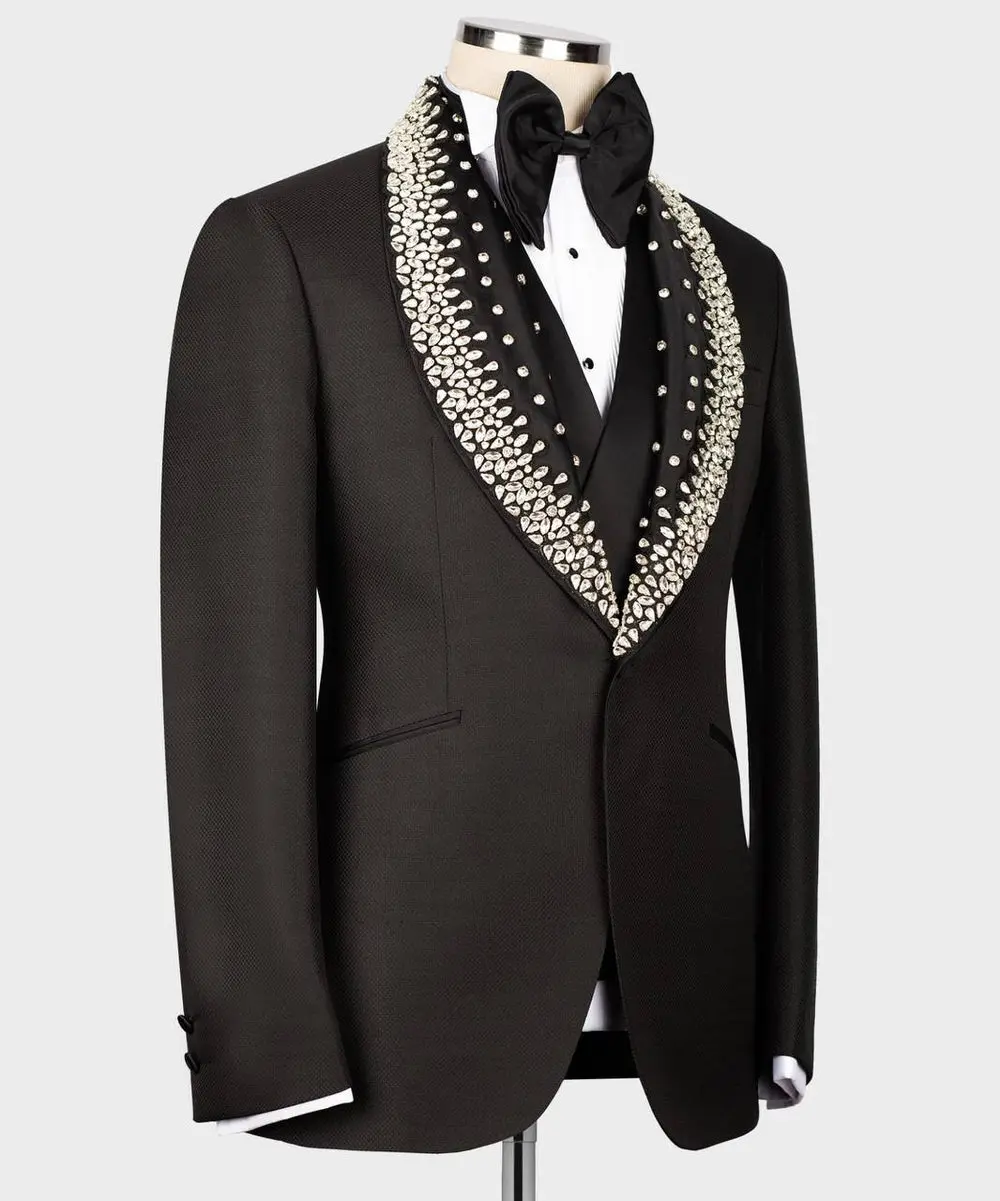 Men's Black Tuxedo, Silver Gem Stoned on Collar — photograph 3