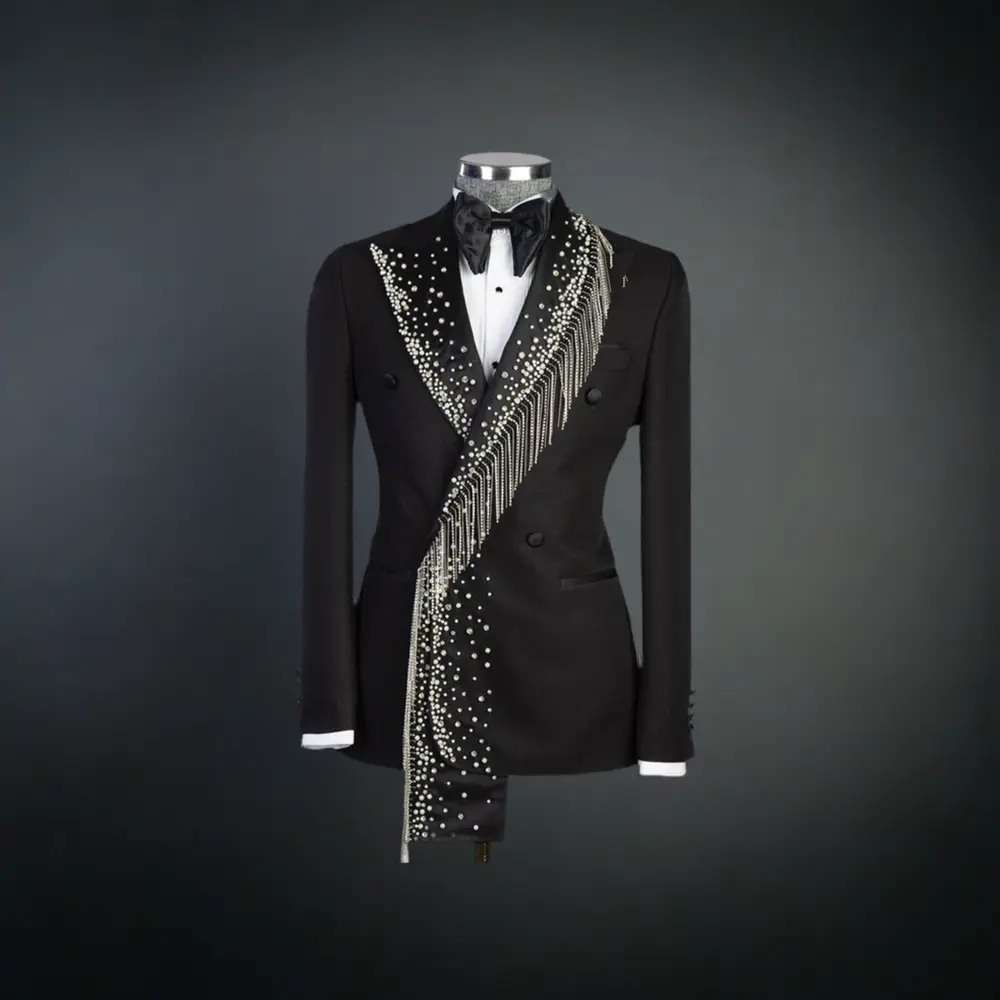 Men's Black Tuxedo, Silver Stoned, Shawl Design — photograph 1
