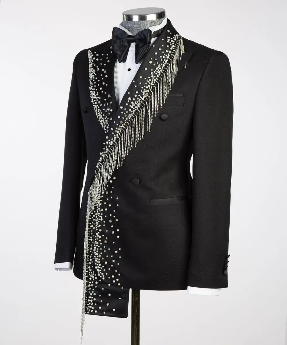 Men's Black Tuxedo, Silver Stoned, Shawl Design — photograph 4