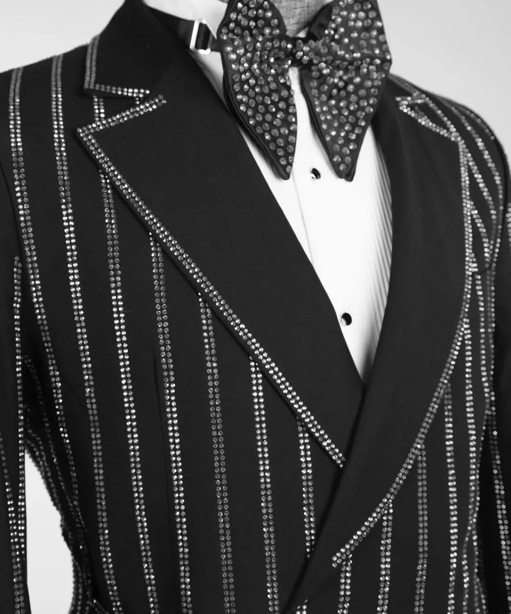Men's Black Tuxedo, Silver Stripe Stoned Design — photograph 2