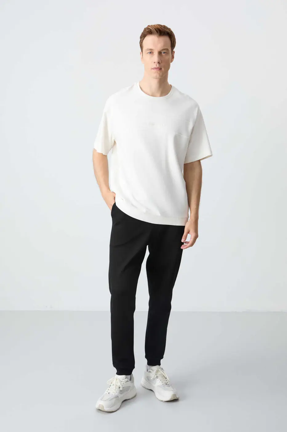 Men's-Cream-Black-Short Sleeve-Tracksuit Set — photograph 1