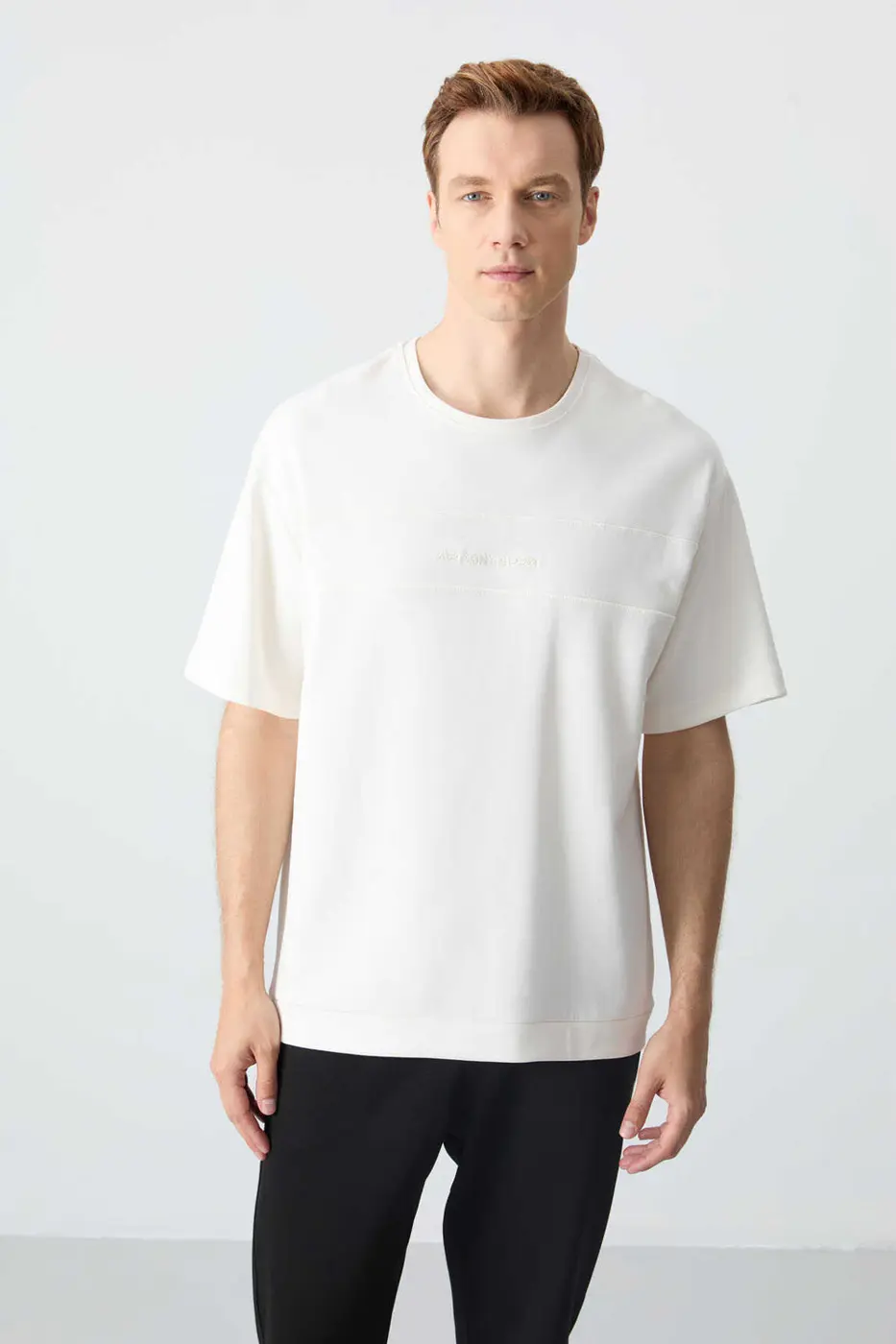 Men's-Cream-Black-Short Sleeve-Tracksuit Set — photograph 4