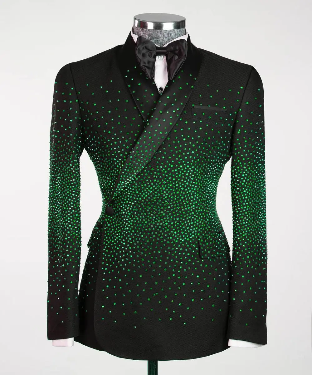 Men's Double Breasted Black Tuxedo, Green Stoned — photograph 1