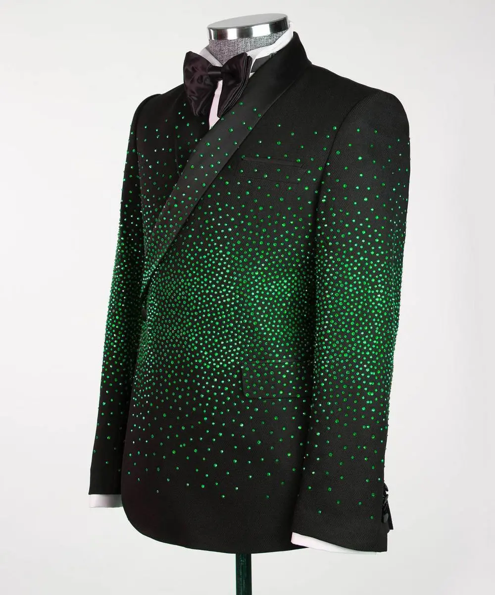Men's Double Breasted Black Tuxedo, Green Stoned — photograph 3