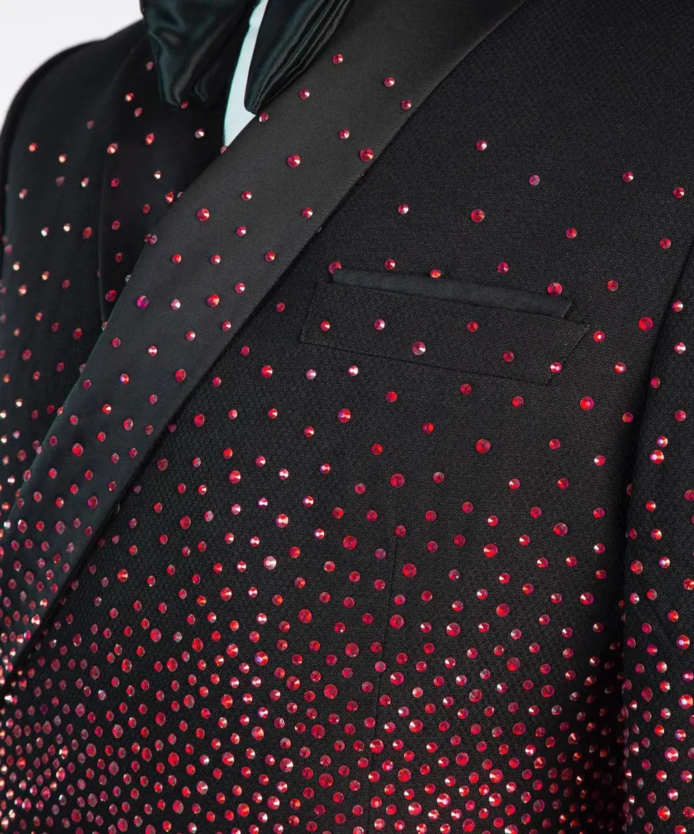 Men's Double Breasted Black Tuxedo, Red Stoned — photograph 2