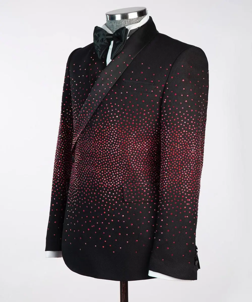 Men's Double Breasted Black Tuxedo, Red Stoned — photograph 3