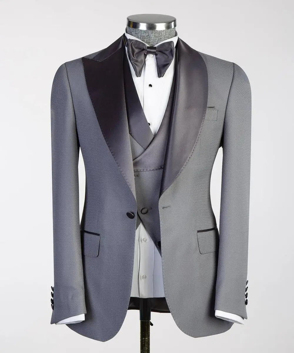 Men's Grey Tuxedo-Asymmetrical Satin Lapel — photograph 1
