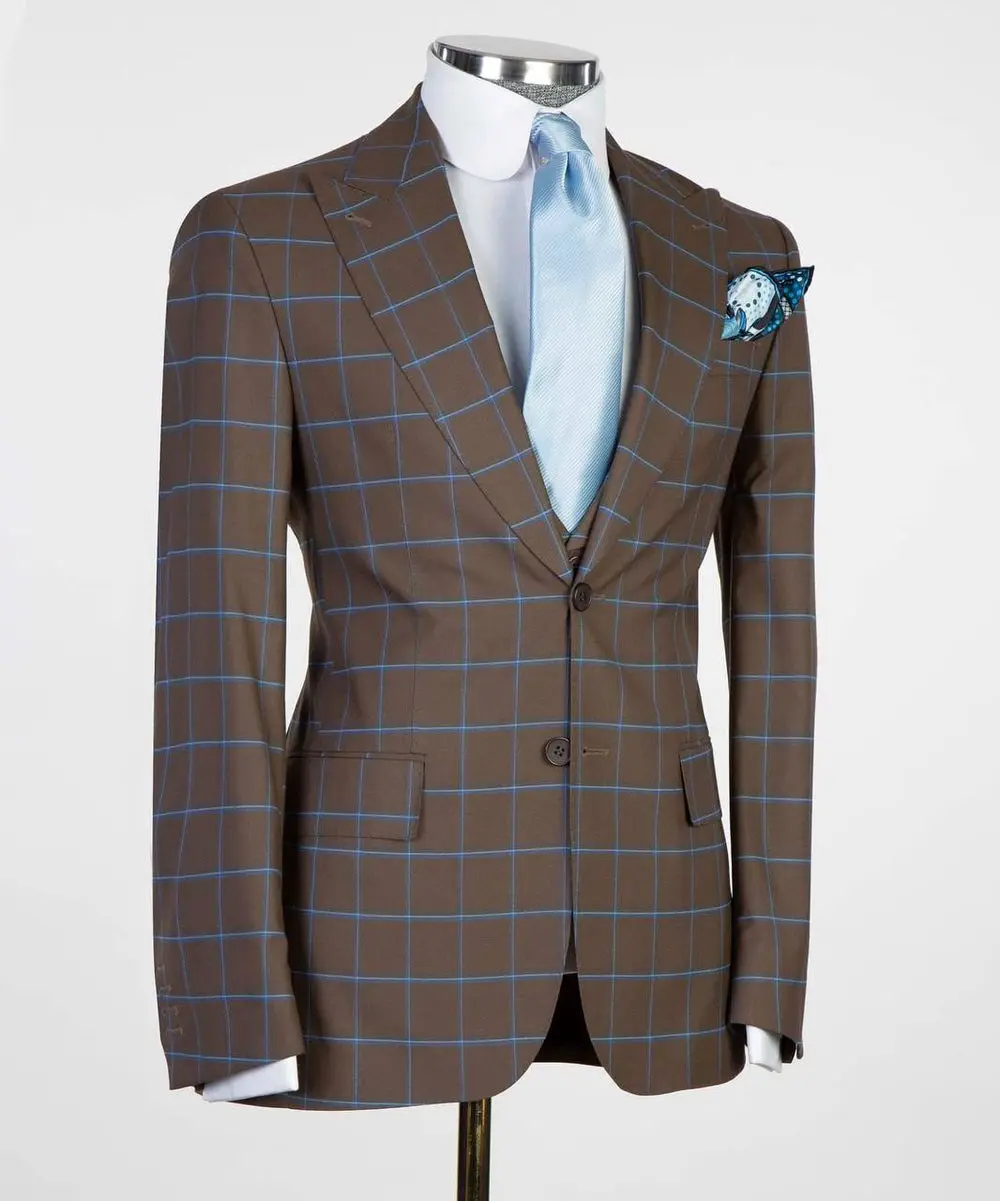 Men's 3 Piece Plaid Single Breasted Brown/Blue Suit — photograph 2