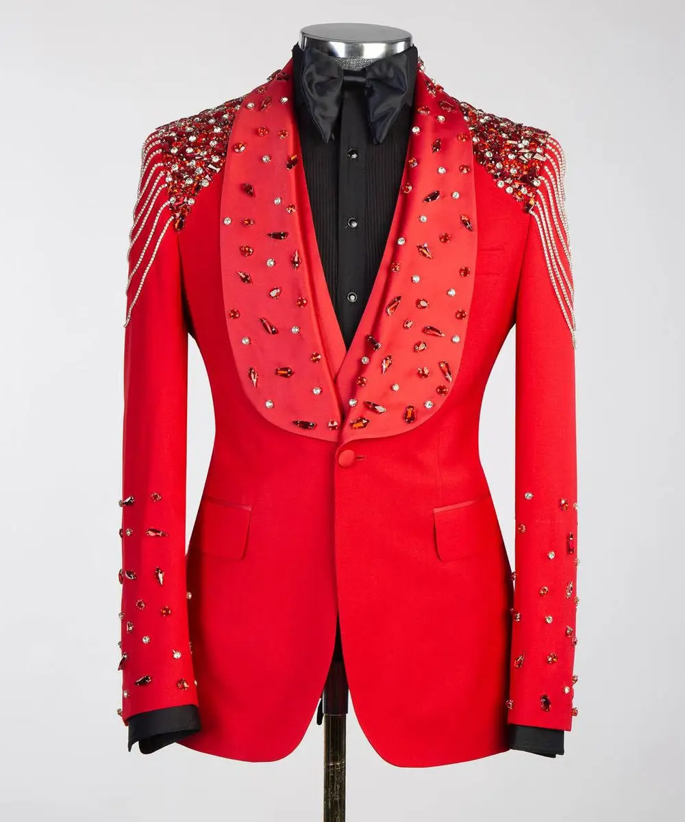 Men's Red Tuxedo, Silver Gem Stoned — photograph 4