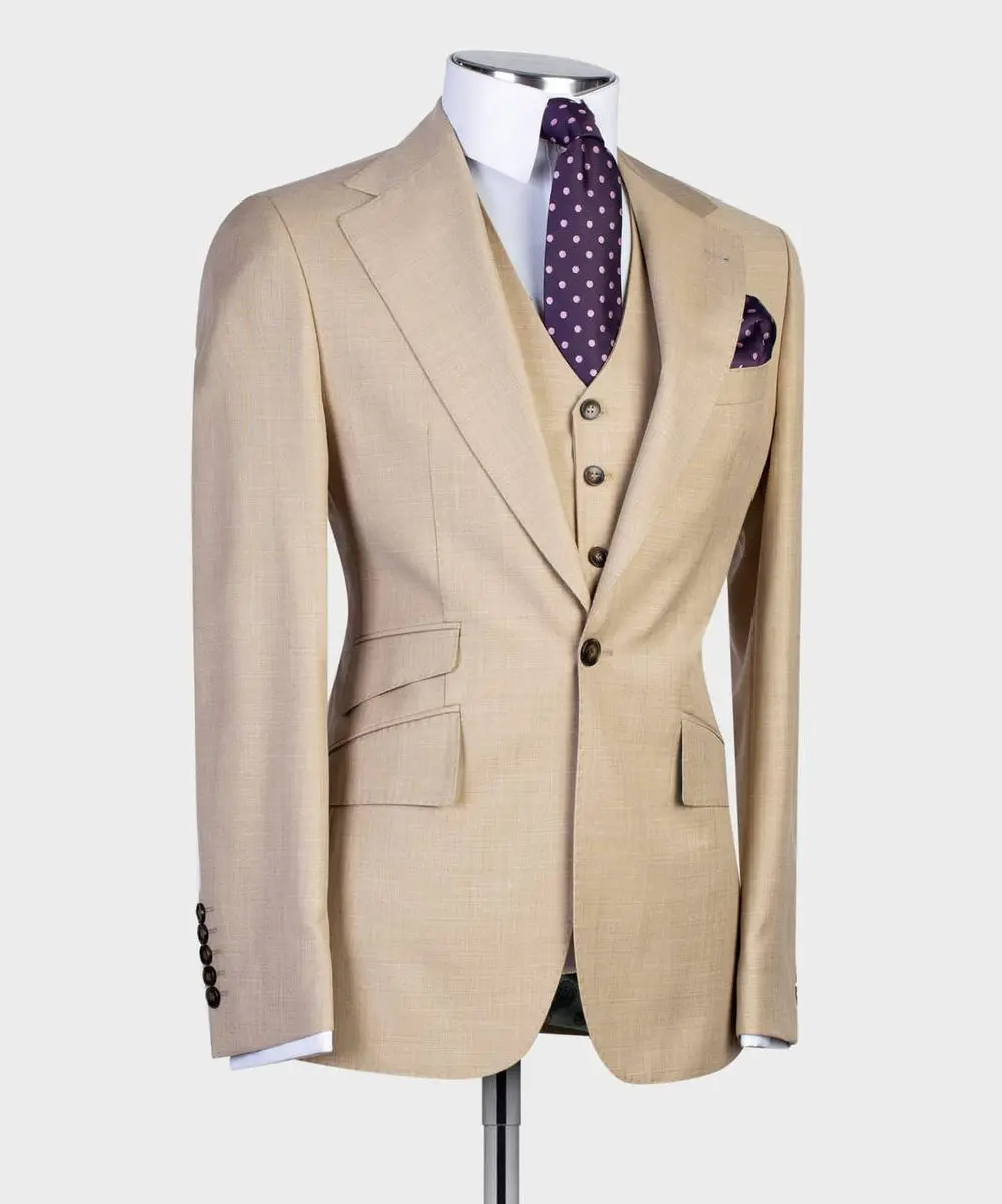Men's 3 Piece Beige/Cream Classic Suit — photograph 4