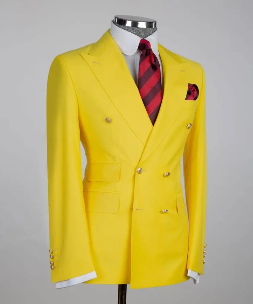 Men's Suit 2 Piece Double Breasted Yellow,Peak Lapel — photograph 3