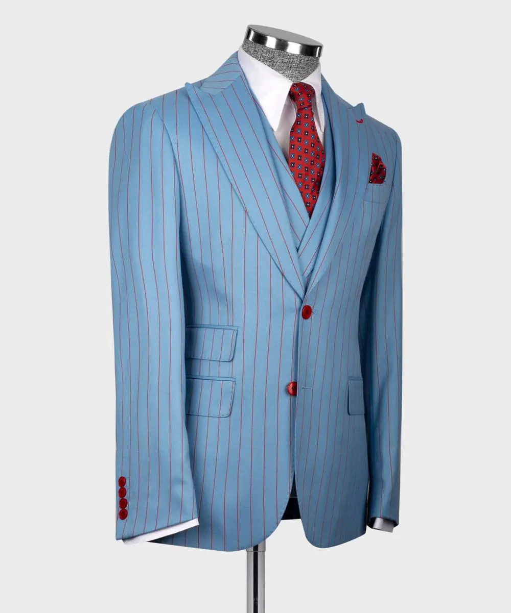 Men's Suit Set, %100 Wool, Striped, Blue — photograph 5