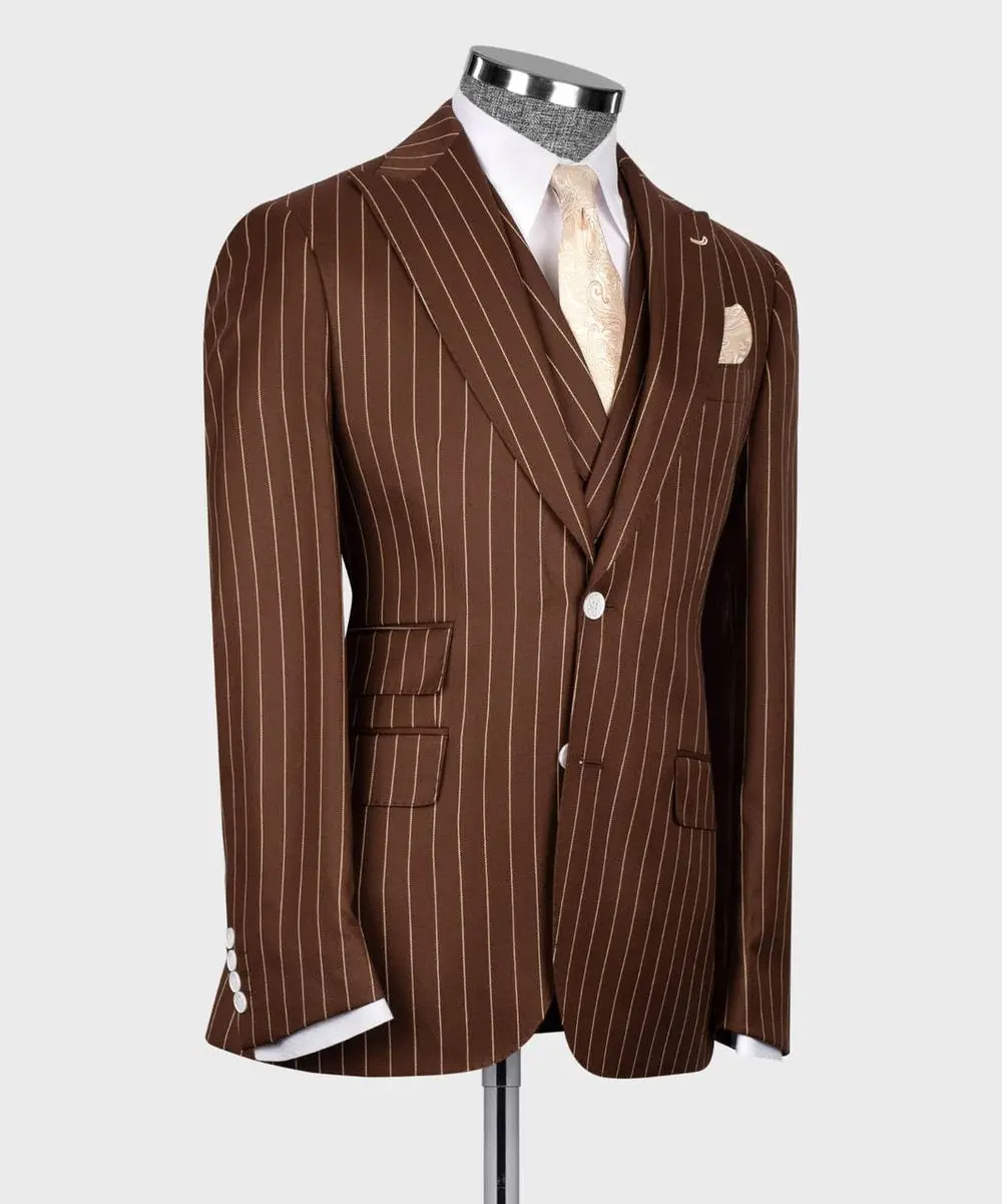 Men's Suit Set, %100 Wool, Striped, Brown — photograph 4